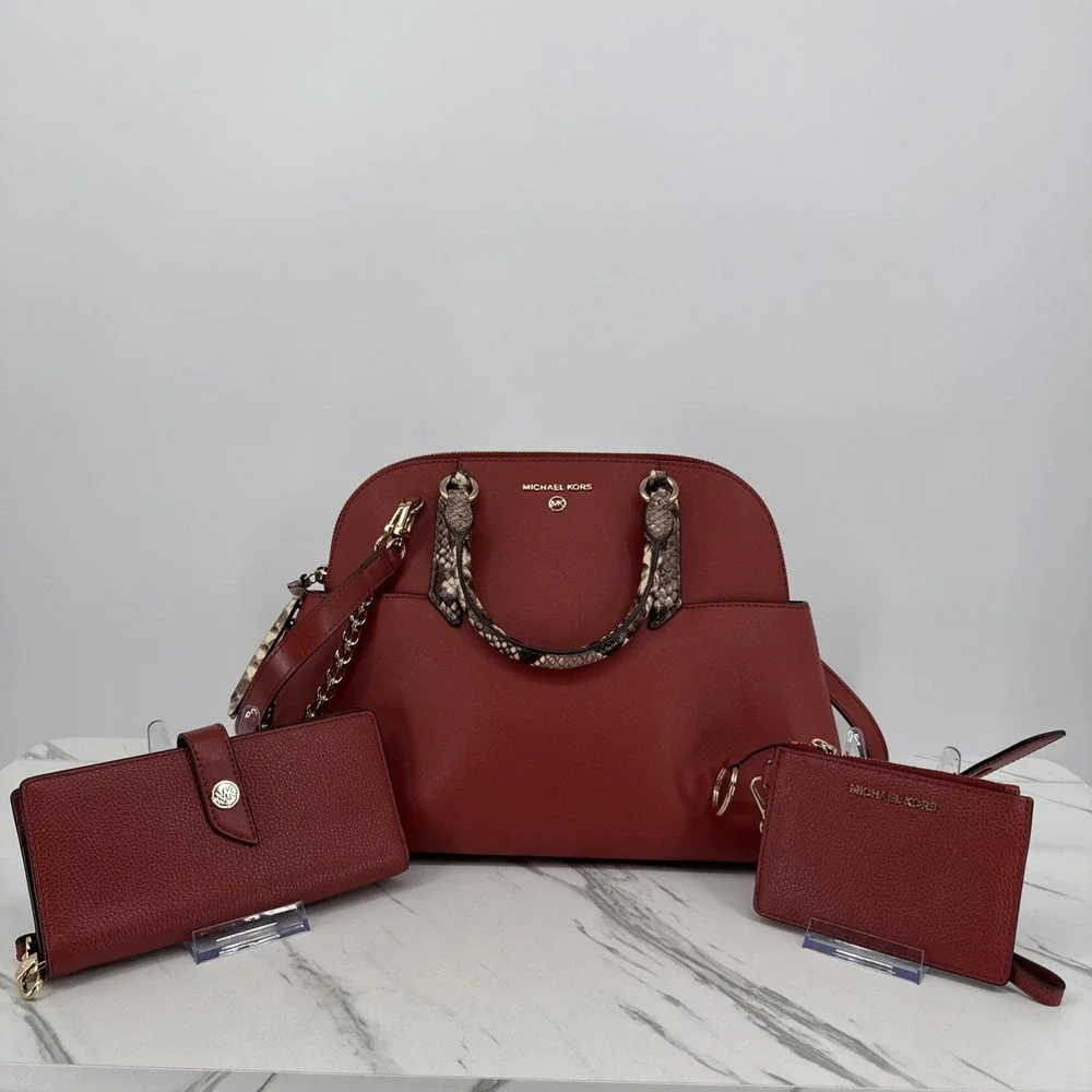 Michael Kors Hudson Large Leather Dome Satchel Terracotta Snakeskin Chic Set